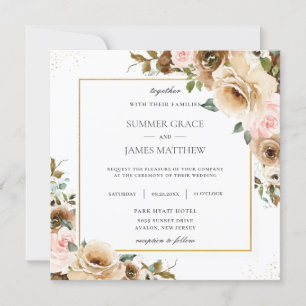 Rustic Brown Cream Blush Floral Greenery Convite