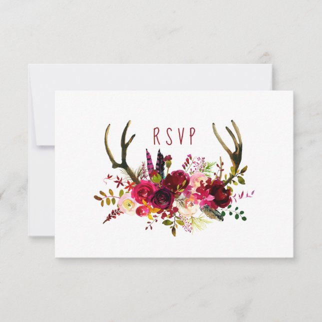 Rustic Burgundy Floral Antlers RSVP escolha de ent (Frente)