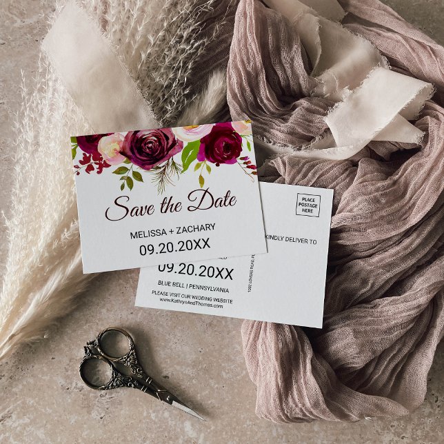 Rustic Burgundy Floral - Guarde o Cartão de Data (Criador carregado)