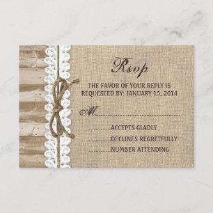 Rustic Burlap Barn Wood Twine Casamento RSVP Card
