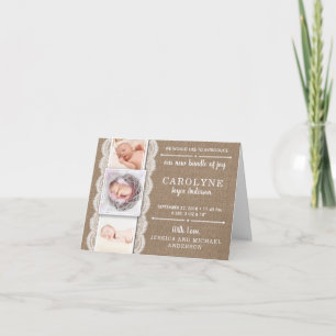 Rustic Burlap & Lace 3 Anúncio de nascimento de