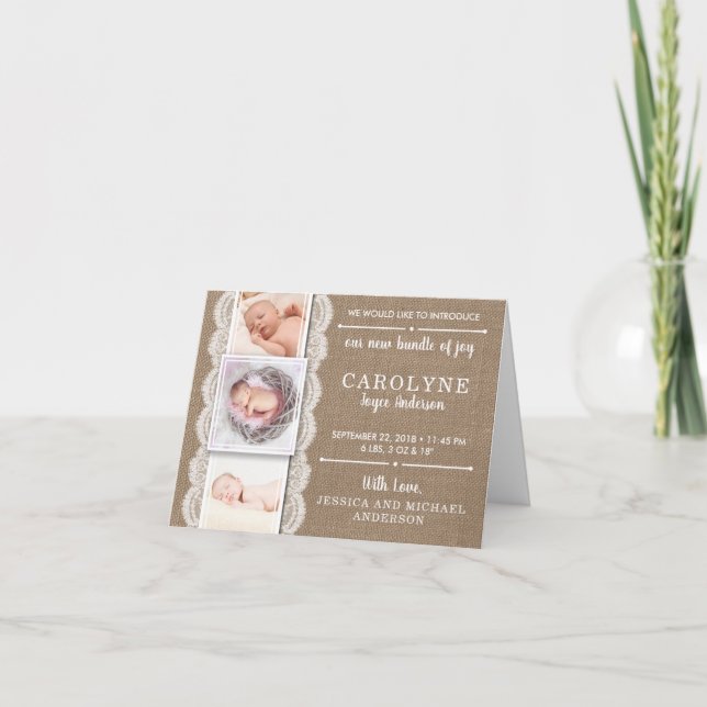 Rustic Burlap & Lace | 3 Anúncio de nascimento de  (Frente)