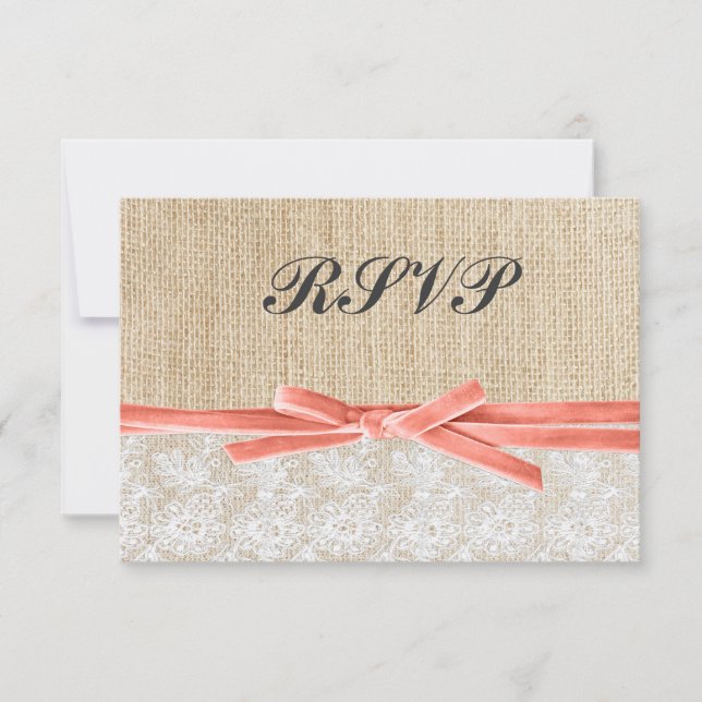 Rustic Burlap Lace Coral Ribbon Casamento RSVP (Frente)