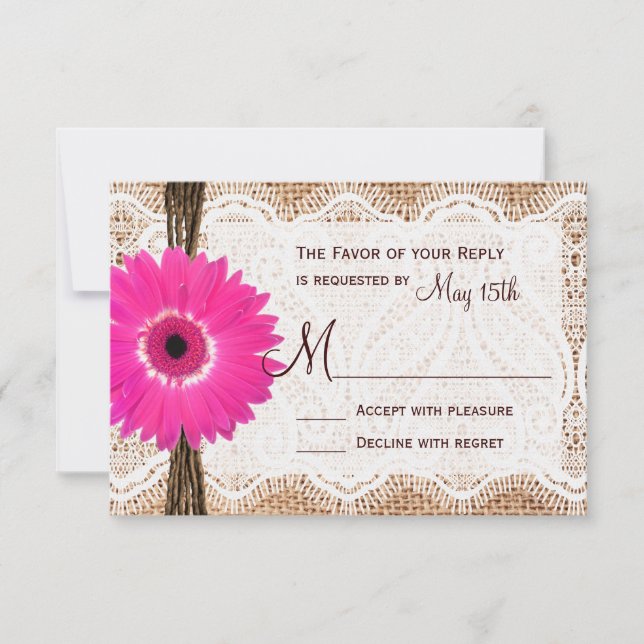 Rustic Burlap Lace Hot Pink Daisy Weding RSVP (Frente)