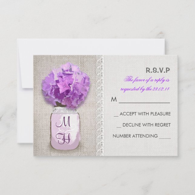 Rustic Burlap Mason Jar Pink Hydrangea RSVP (Frente)