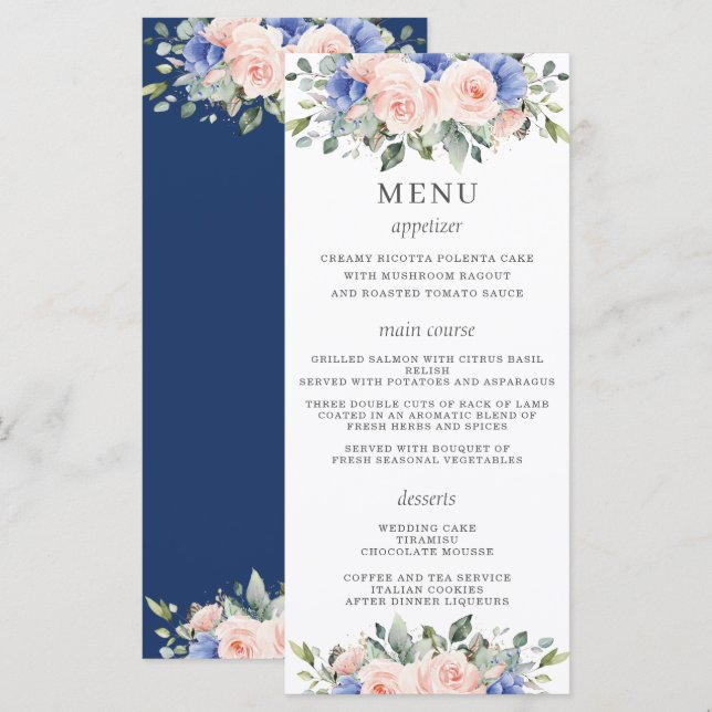 Rustic Chic Blush Blue Floral Flowers Menu de Casa (Frente/Verso)