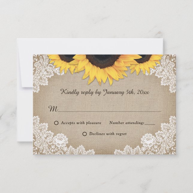Rustic Chic Wood Lace Sunflower Weding RSVP (Frente)