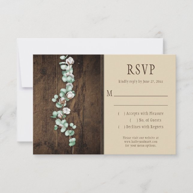Rustic Cotton Bolls and Eucalyptus Barn Wood RSVP (Frente)