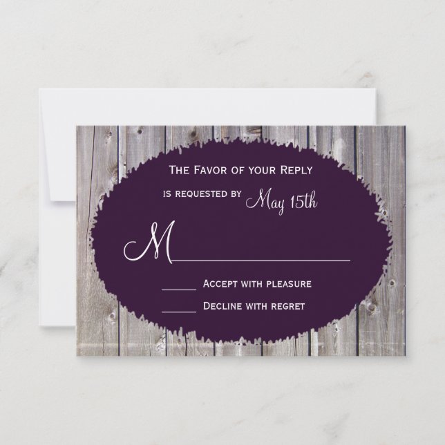 Rustic Country Barn Wood Purple Weding RSVP (Frente)