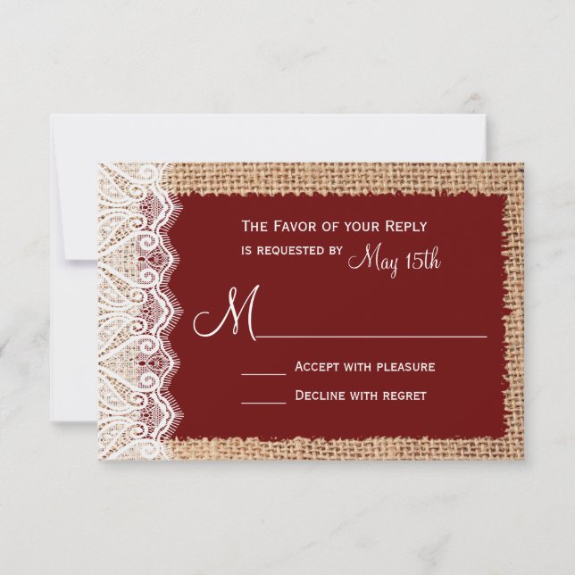 Rustic Country Burlap Lace Red Weding RSVP (Frente)