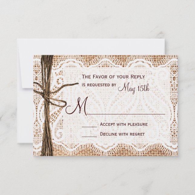 Rustic Country Burlap Lace Twine Casamento RSVP (Frente)