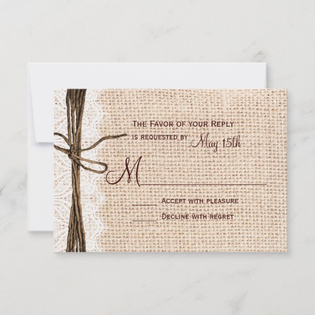 Rustic Country Burlap Lace Twine Casamento RSVP (Frente)