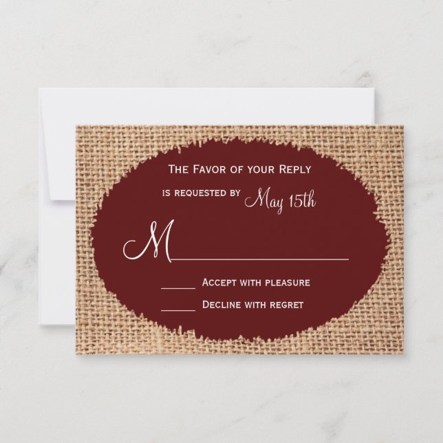 Rustic Country Burlap Maroon Red Weding RSVP (Frente)