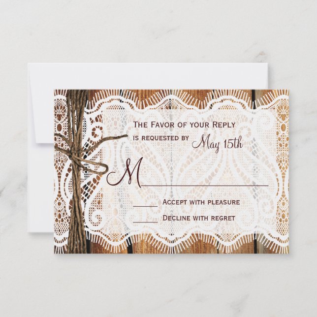 Rustic Country Lace Twine Wood Weding RSVP (Frente)
