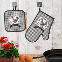 Rustic Country Rooster Chicken BW Gingham Checks