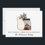 Rustic Country Snowman e Berries - Cartão de Féria<br><div class="desc">Rustic Country Snowman e Berries Holiday Card - Este Cartão de Natal de país rústico apresenta um boneco de neve primitivo e caprichoso com um boião de biscoitos de pão-de-gengibre e biscoitos de sagrado e de bagas. Nosso texto diz " Tenha um Natal Feliz" e seja personalizado com seu nome...</div>