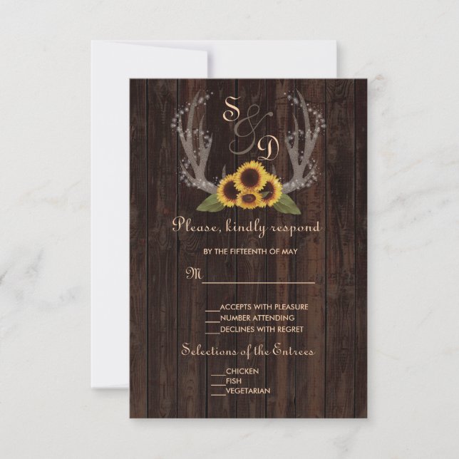 Rustic Country Sunflower Antlers Casando RSVP (Frente)