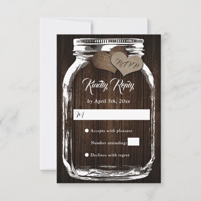 Rustic Country Wood Hearts Mason Jar Wedding RSVP (Frente)