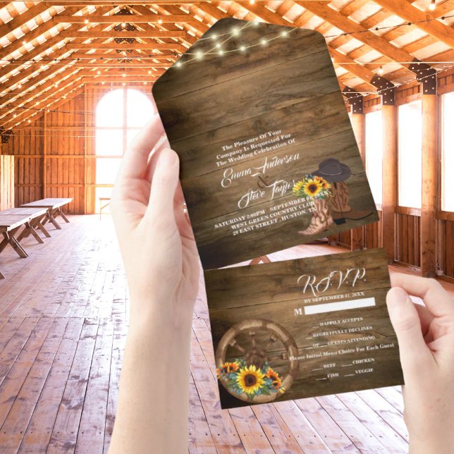 Rustic Cowboy Boots Sunflower Western Weding (Rustic Cowboy Boots Sunflower Western Wedding All In One Invitation)