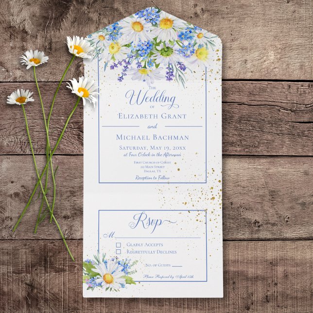 Rustic Daisies & Blue Floral Buquê No Janta (Rustic Daisies & Blue Floral Bouquet All In One Wedding Invitation without Dinner Options)