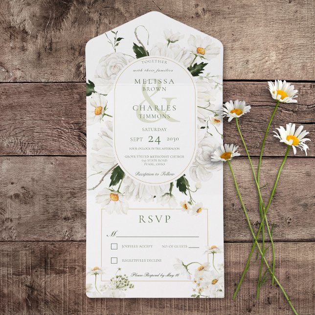 Rustic Daisies & White Flowers Sem Janto (Rustic Daisies & White Flowers All In One Wedding Invitation without Dinner Options)