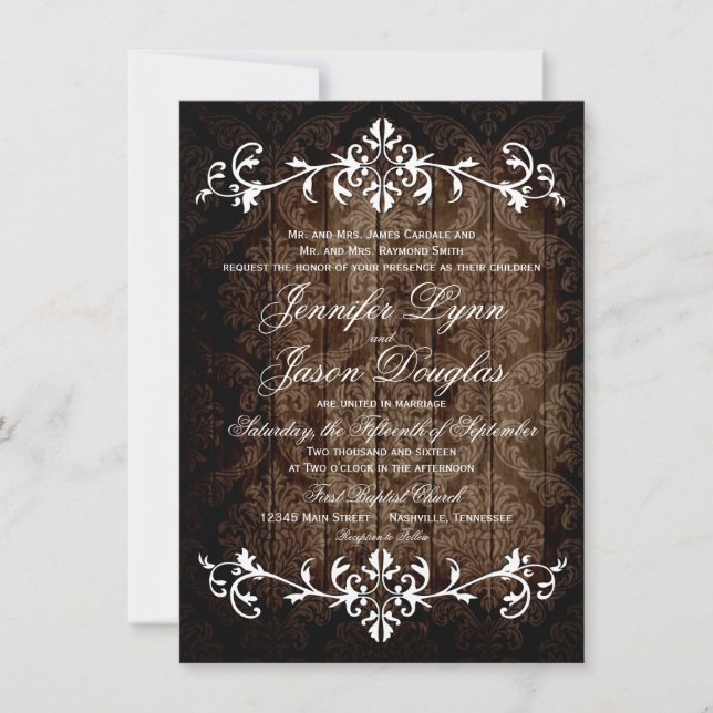 Rustic Damask Wood Flourish Casamentos Convites (Frente)