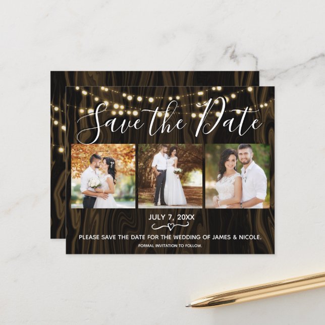 Rustic Dark Wood & Luces Foto Save the Date (Frente/Verso In Situ)
