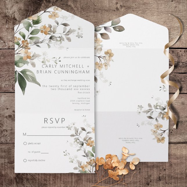 Rustic Delicate Tan Fall Wildflower Sem Janto (Rustic Delicate Tan Fall Wildflowers All In One Wedding Invitation without Dinner Options)
