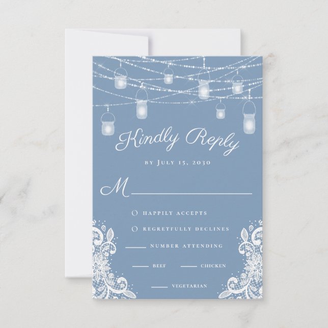 Rustic Dusty Blue Lights Casamento RSVP Card (Frente)