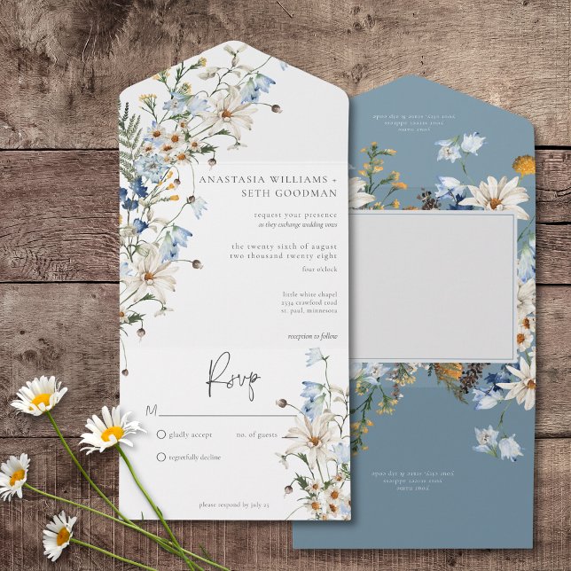 Rustic Dusty Blue Selvagens e Visitas Sem Janto (Rustic Dusty Blue Wildflowers & Daisies All In One Wedding Invitation without Dinner Options)