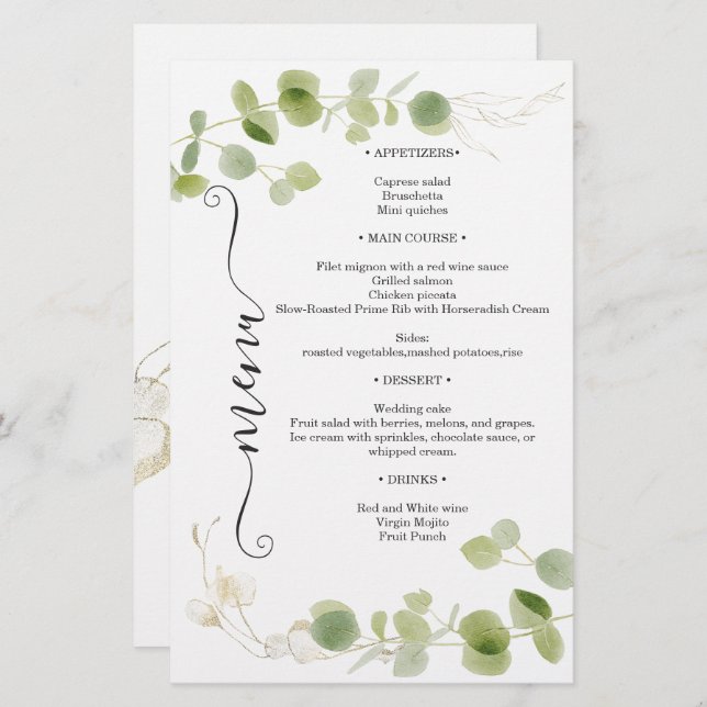Rustic Eucalyptus Greenery Gold Chic Wedding Menu (Frente/Verso)