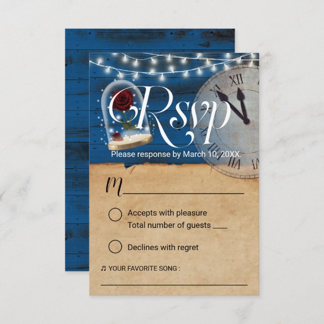 Rustic Fairytale Marinho Blue Barn Weding RSVP (Frente/Verso)