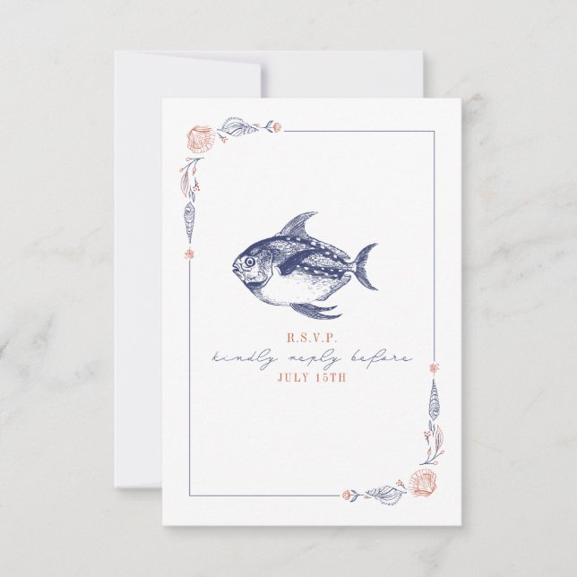 Rustic Fish Red & Blue Beach Casamento RSVP (Frente)