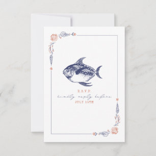 Rustic Fish Red & Blue Beach Casamento RSVP