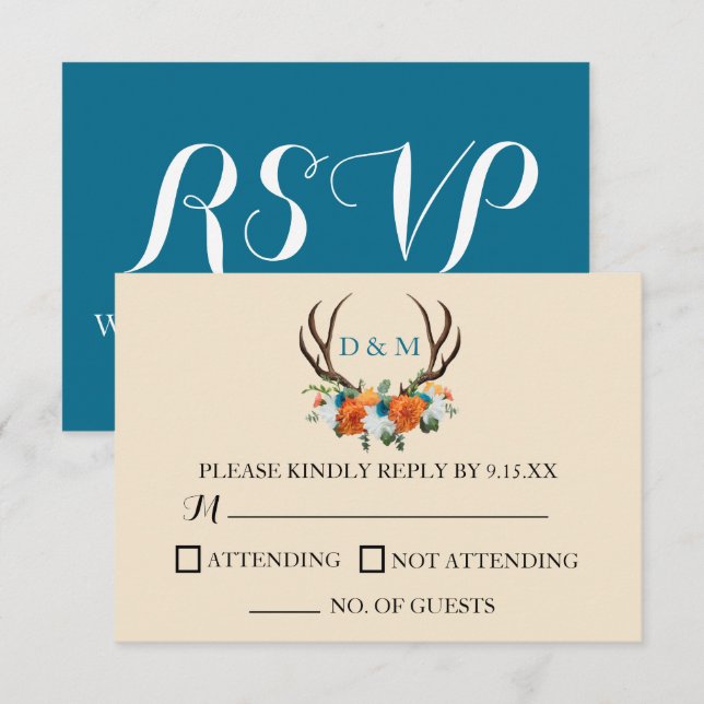 Rustic Floral Antlers BOHO - Cartão RSVP de Casame (Frente/Verso)
