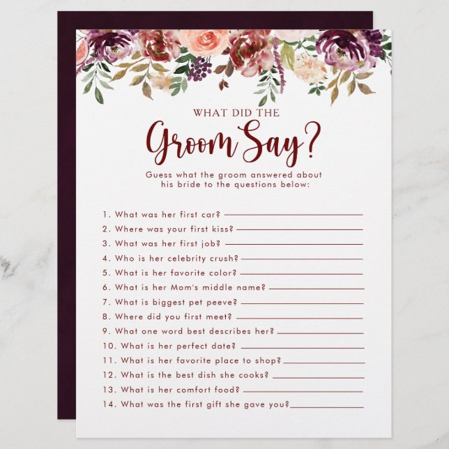 Rustic Floral Chá de panela O que o noivo disse (Frente/Verso)