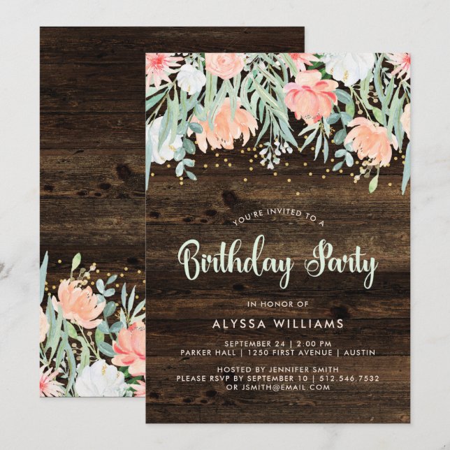 Rustic Floral | Convite de aniversário (Frente/Verso)