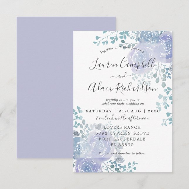 Rustic Floral Dusty Blue & Purple Wedat Convite (Frente/Verso)