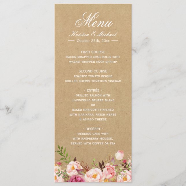 Rustic Floral Kraft | Menu de Casamento Chic Elega (Frente)