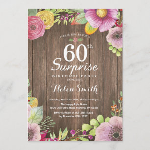 Rustic Floral Surprise 60º Convite de Aniversário
