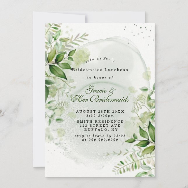 Rustic Greenery White Bridesmaids Luncheon Invites (Frente)