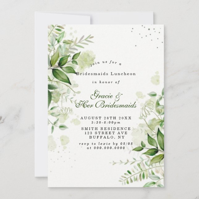 Rustic Greenery White Bridesmaids Luncheon Invites (Frente)