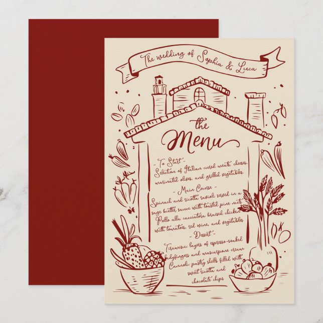 Rustic Hand Draking Italiana Weding Menu Red Cream (Frente/Verso)