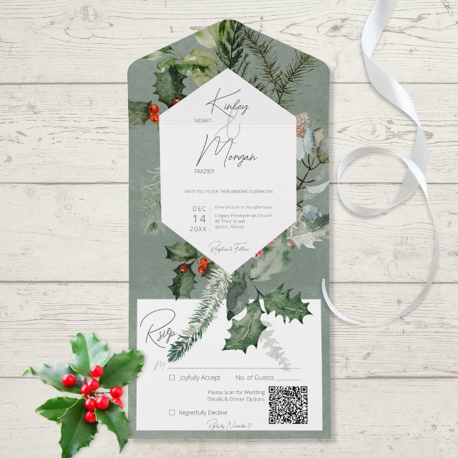 Rustic Holiday Greenery & Red Berries Código QR (Also available without a QR code, with or without dinner selection options.)