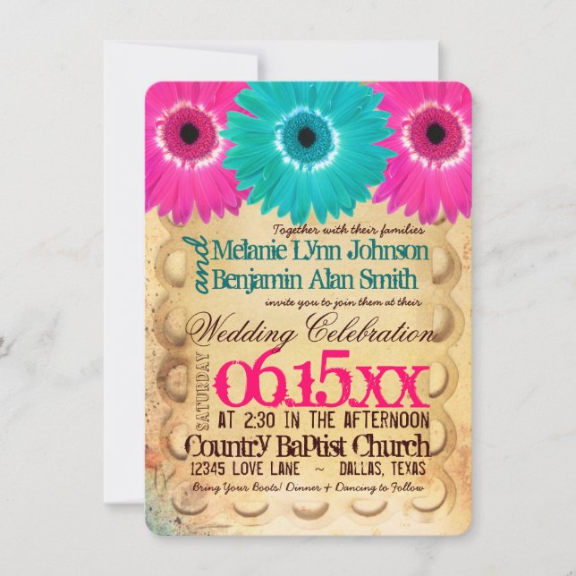 Rustic Hot Pink Teal Daisies Convites De Casamento (Frente)