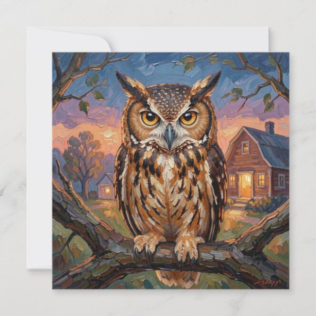 Rustic Impasto Great Horned Owl Blank (Frente)