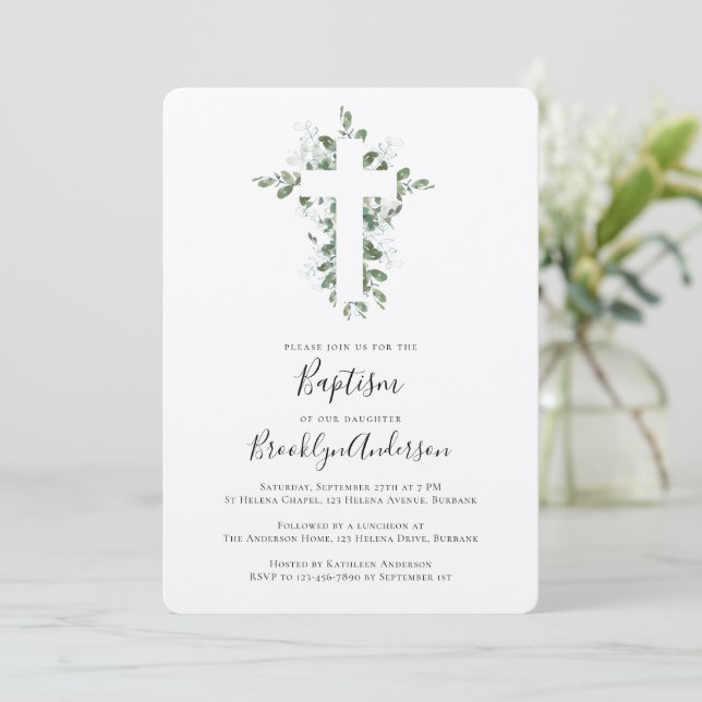 Rustic Kraft Eucalyptus Cross Baptism Convite (Em pé/Frente)