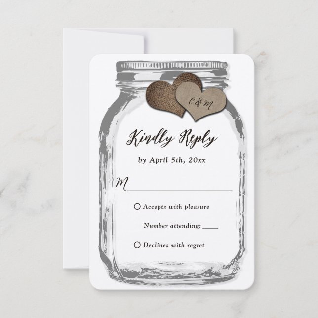 Rustic Kraft Two Hearts Mason Jar Wedding RSVP (Frente)