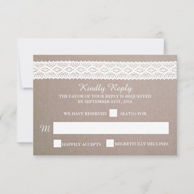 Rustic Kraft & Vintage White Lace Weding RSVP (Frente)
