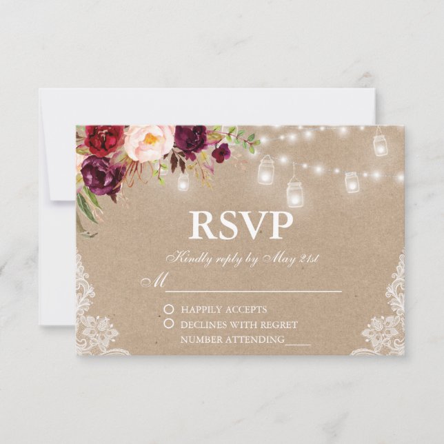 Rustic Kraft Wedding Lights Jars Lace Floral RSVP (Frente)